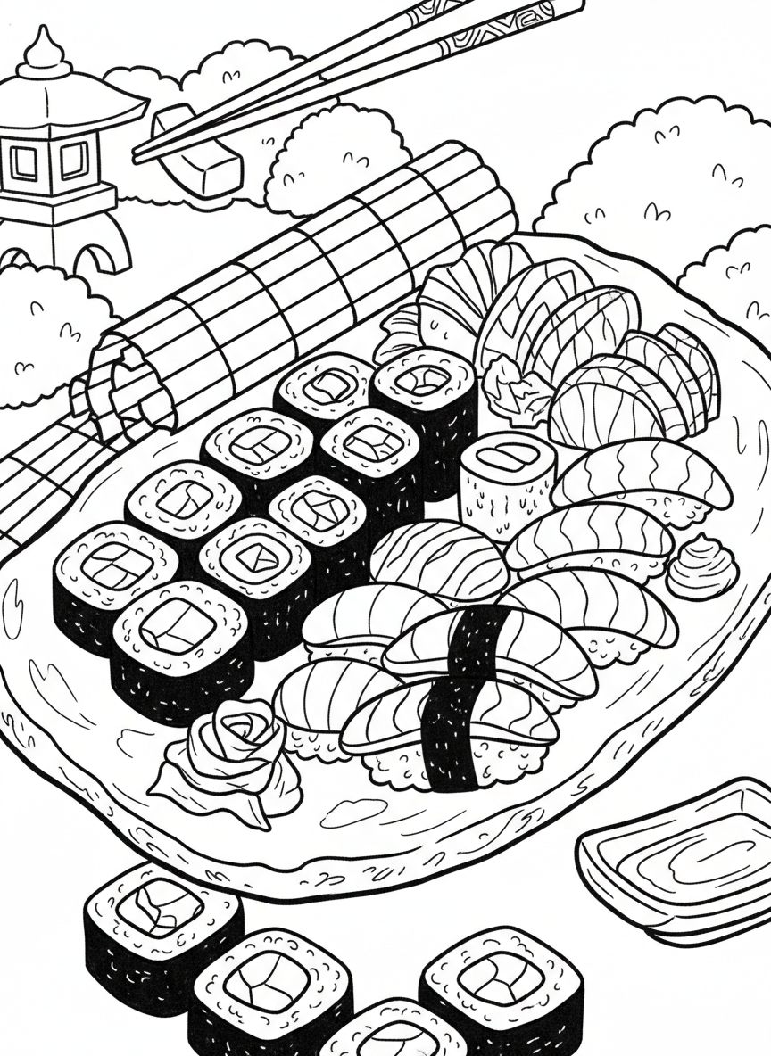 A detailed sushi platter with various types including maki rolls, nigiri, and sashimi arranged beautifully