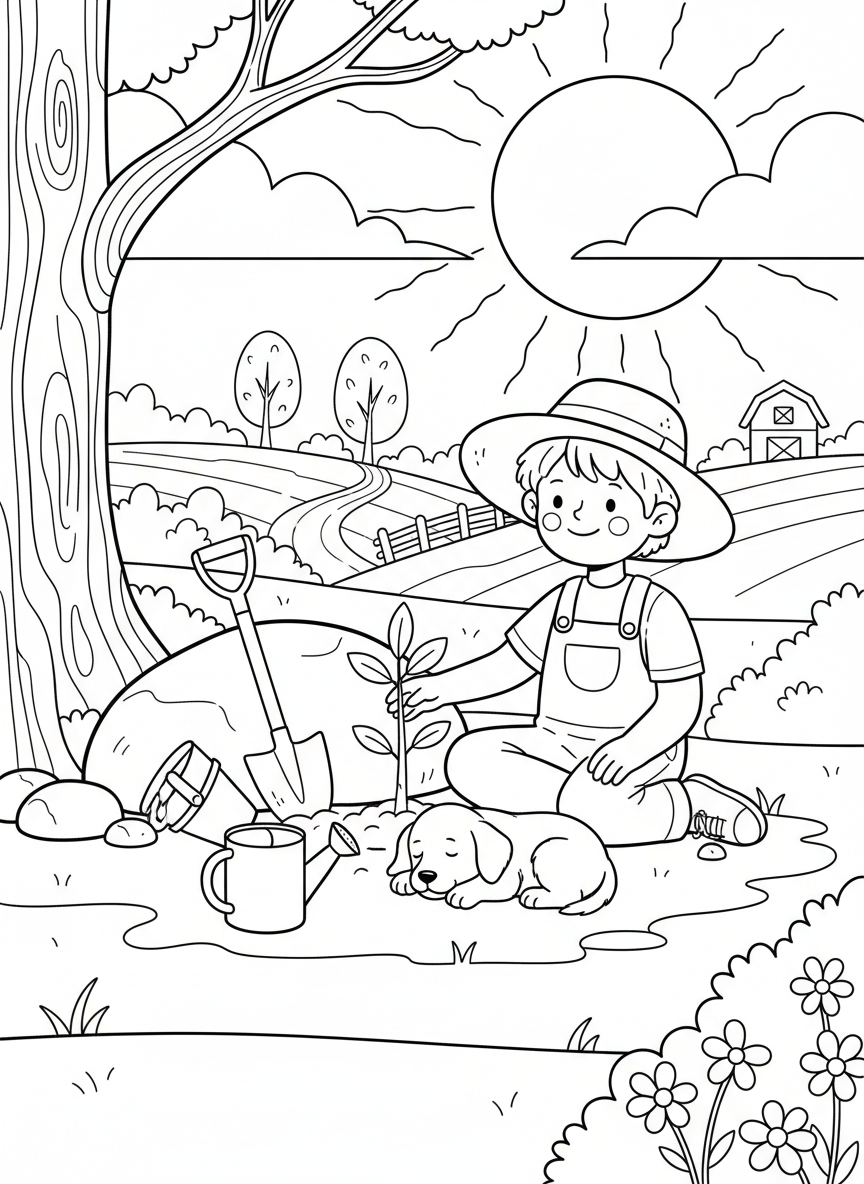 Arbor Day coloring page prompts focused on tree planting, growth, and long-term environmental stewardship.	A quiet moment after planting as tools rest on the ground beside new growth.