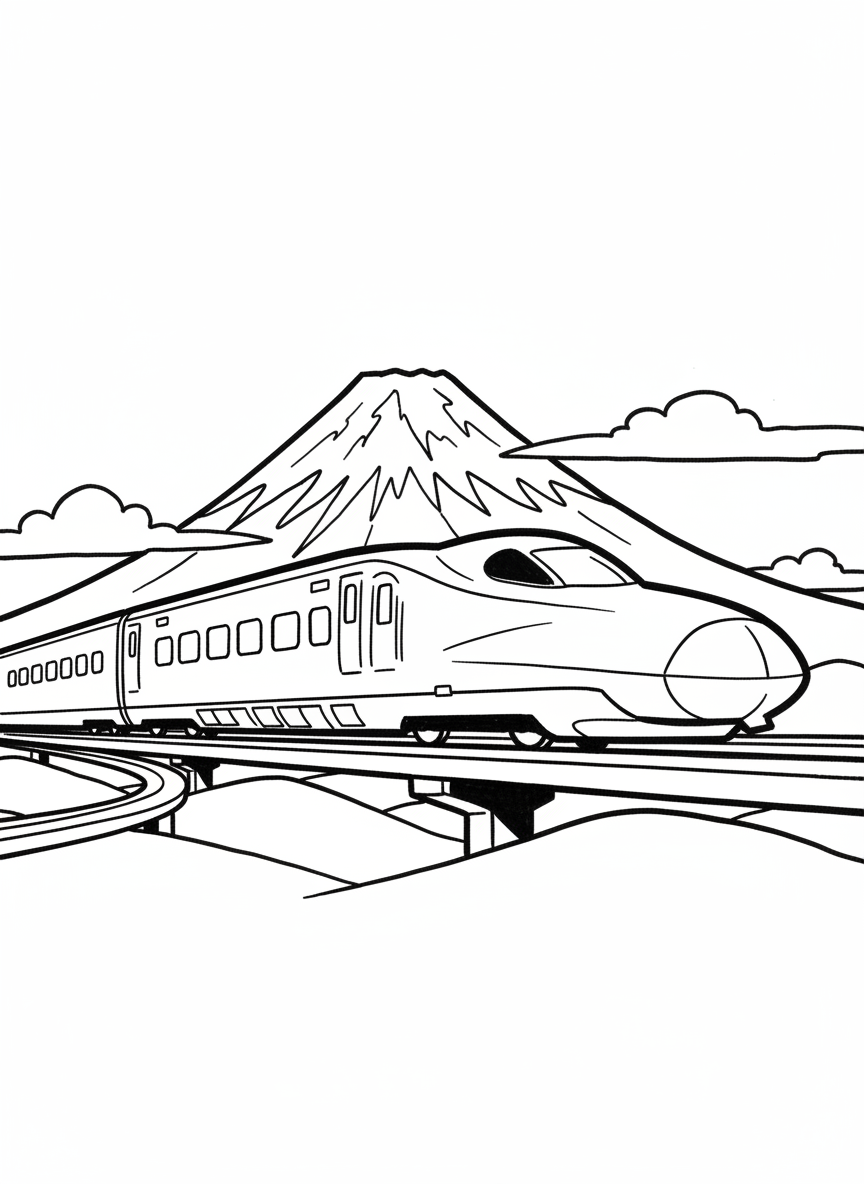 A modern bullet train speeding past Mount Fuji with sleek aerodynamic design and large windows, simple line art composition