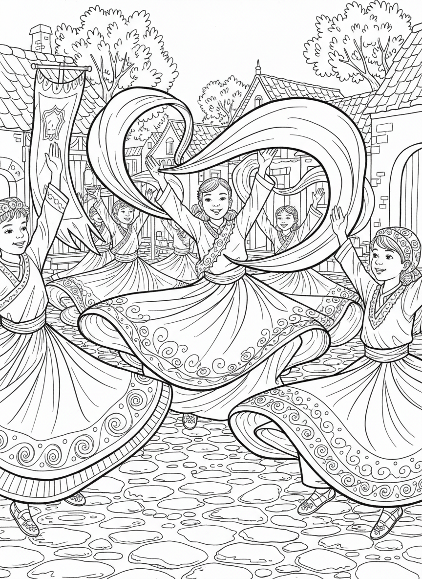 Children dancing in traditional celebration clothing with flowing fabric and patterns, movement and joy captured in line art