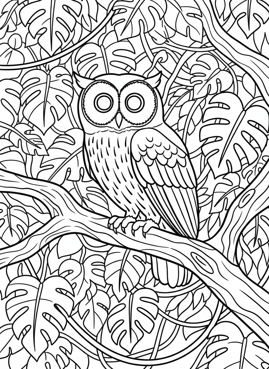 A spectacled owl with distinctive white markings around its eyes, perched on a tropical branch with large leaves.