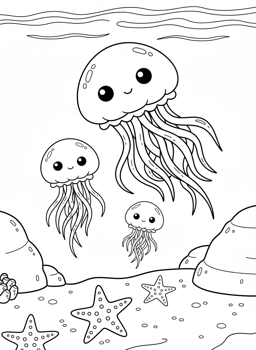 Three small jellyfish of different sizes drifting together in a tide pool, with flowing ribbon-like tentacles and gentle expressions, starfish visible on the sandy bottom.