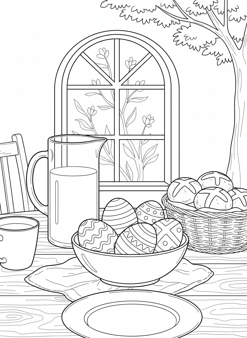 A simple Easter breakfast table set with decorated eggs in a bowl, a pitcher of juice, and a basket of hot cross buns, viewed from above.