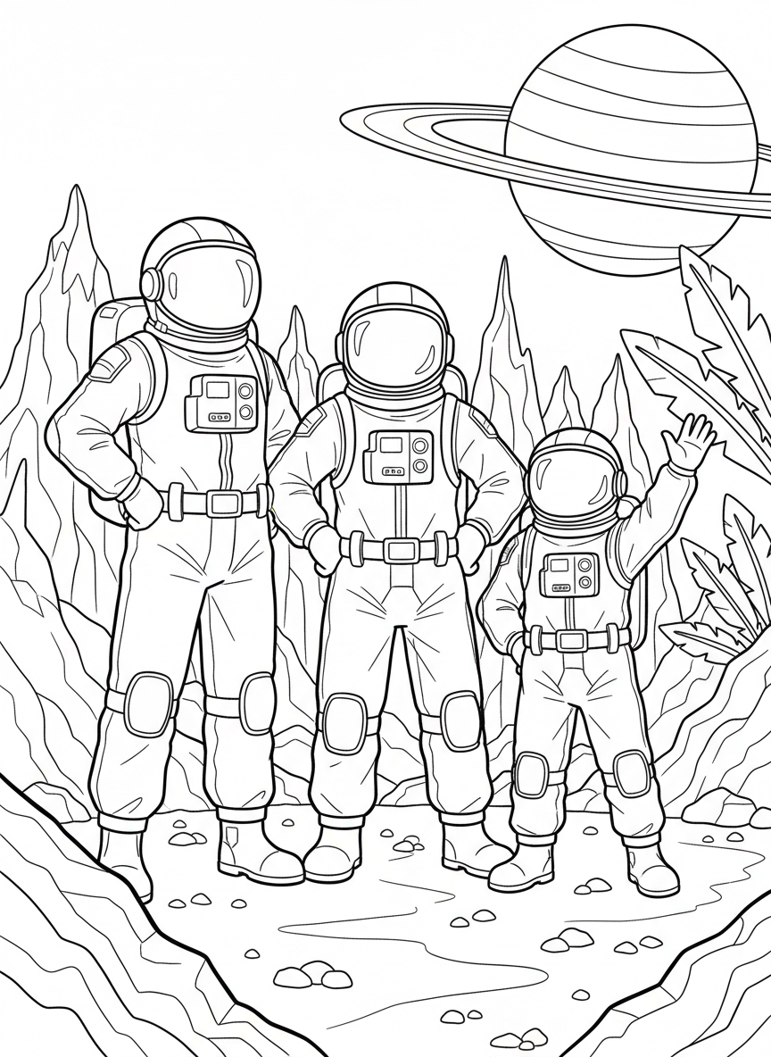 A group of three diverse astronauts standing together in their spacesuits, team portrait with different heights and poses