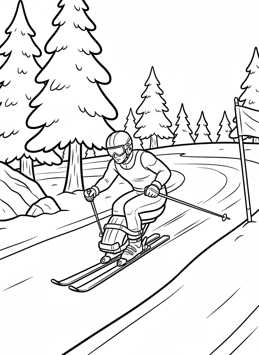 A Paralympic sit-ski athlete racing downhill on a specialized seated ski with outriggers, competing on a snowy alpine course.