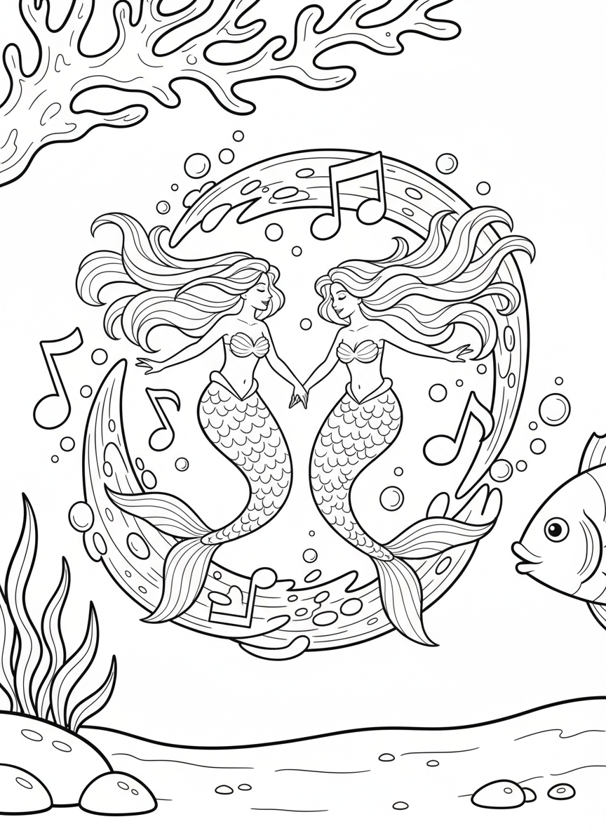 Two mermaids dancing together in a circle, holding hands with flowing hair and tails creating spiral movement, surrounded by musical notes and bubbles, line art
