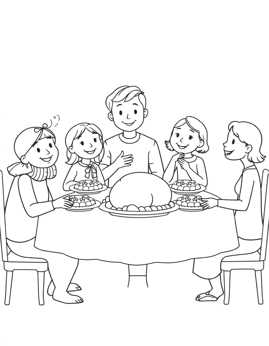 Family gathered around a dinner table with roast turkey and pies,