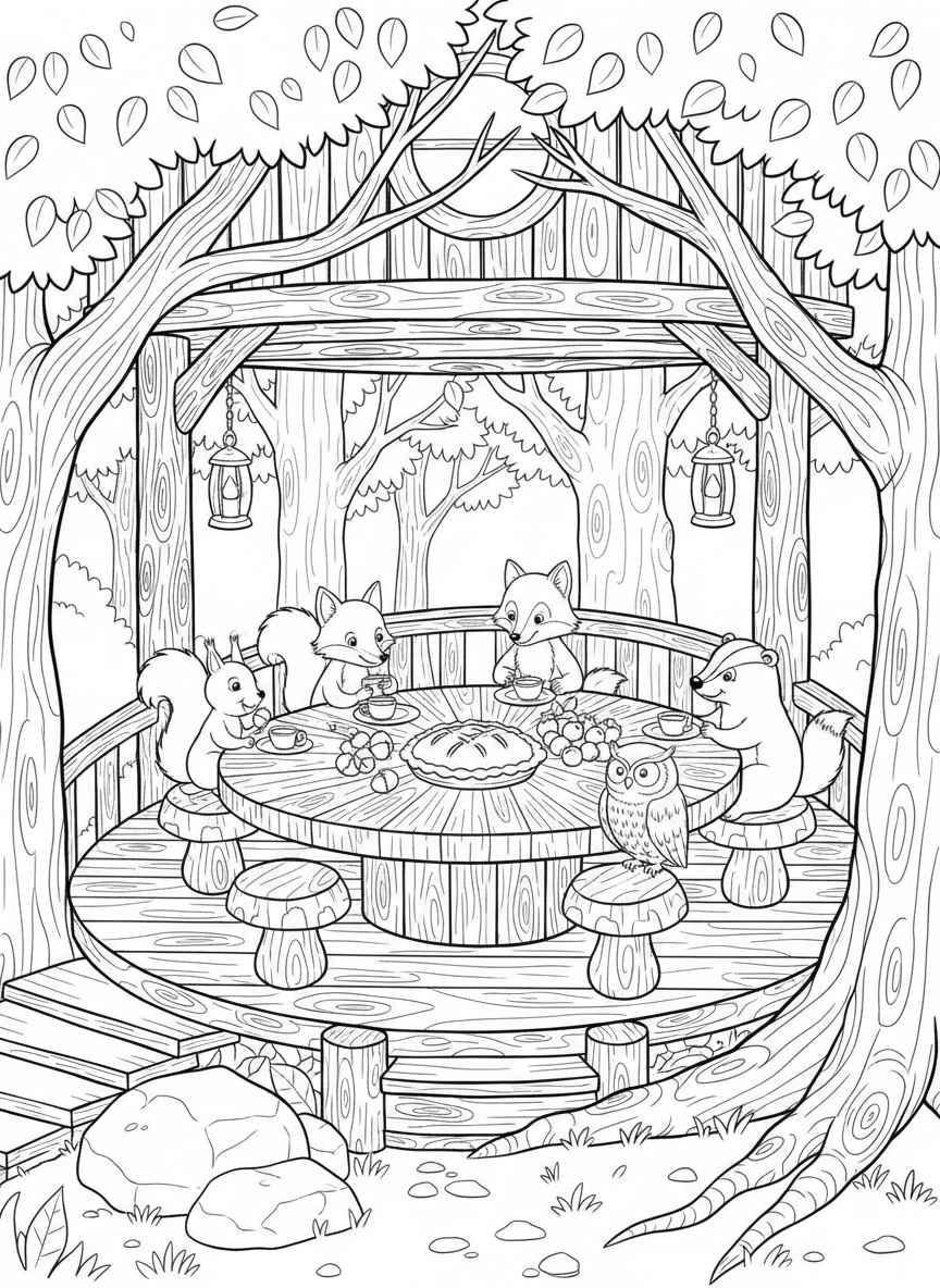 A treehouse dining area with a round table, forest animal friends sitting on mushroom stools, sharing a meal together.