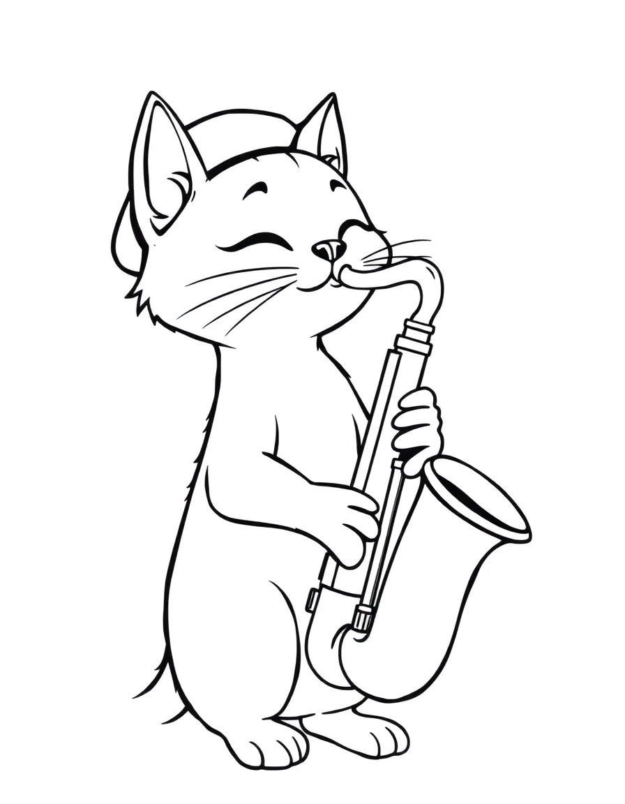 A smooth cartoon cat wearing a beret, leaning back as it plays a shiny saxophone in a cool jazzy vibe