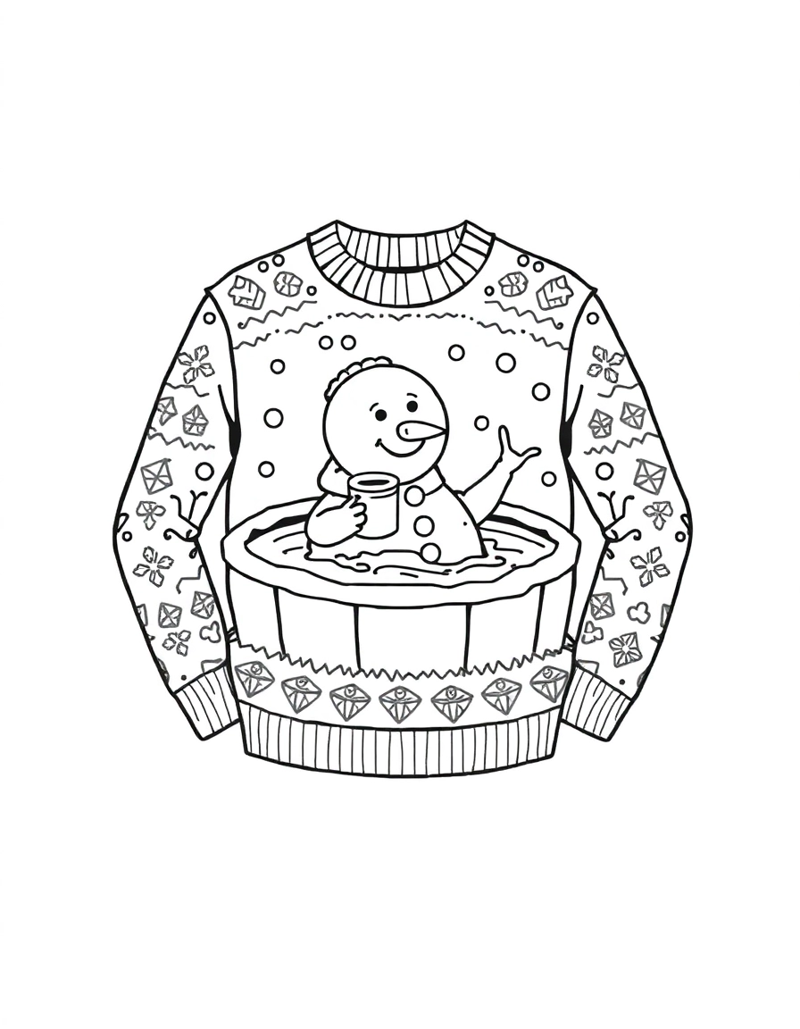 ugly sweater: Snowman Melt: A sweater showing a snowman relaxing in a hot tub (puddle) drinking hot cocoa.