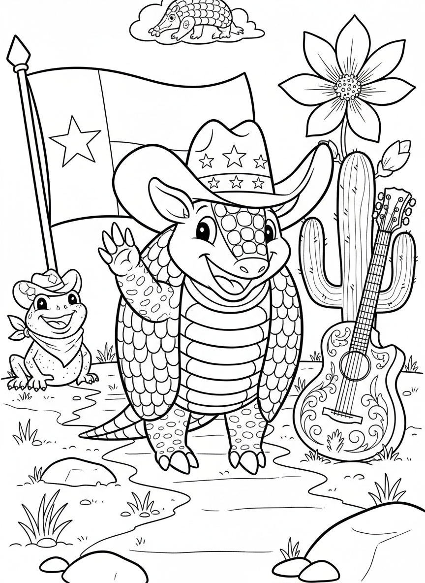 A friendly armadillo wearing a cowboy hat walking past a Texas flag and guitar, cute Texas mascot scene