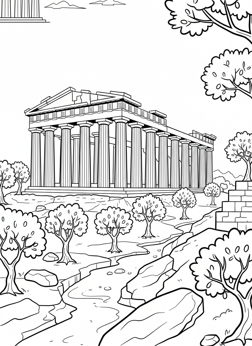 The Parthenon temple in Greece with its tall columns on the Acropolis hill and olive trees scattered around.