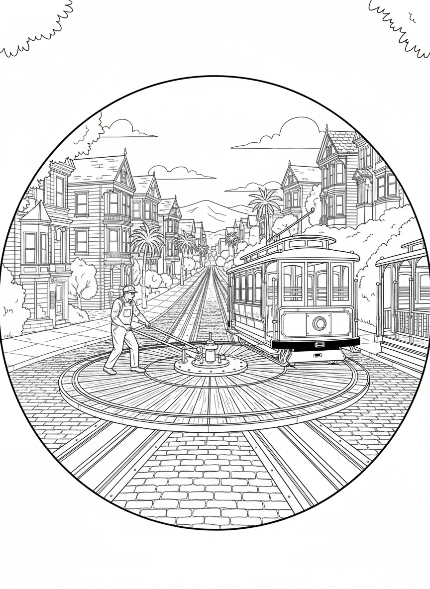 A vintage-style cable car turntable with the operator turning the car around, circular composition showing San Francisco transportation.