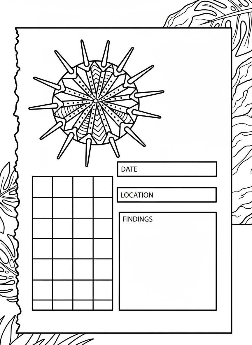 A journal page with a detailed sea urchin in the corner, graph paper sections, and spaces for date, location, and findings