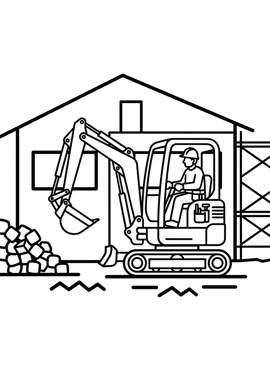 A construction worker wearing a hard hat and tool belt, operating a small excavator at a building site with simple geometric shapes.