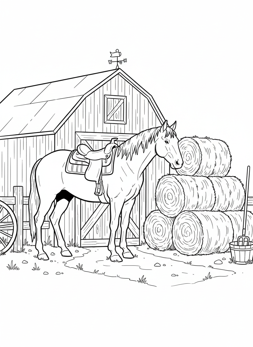 A horse wearing a saddle standing next to a barn door with hay bales stacked beside it.