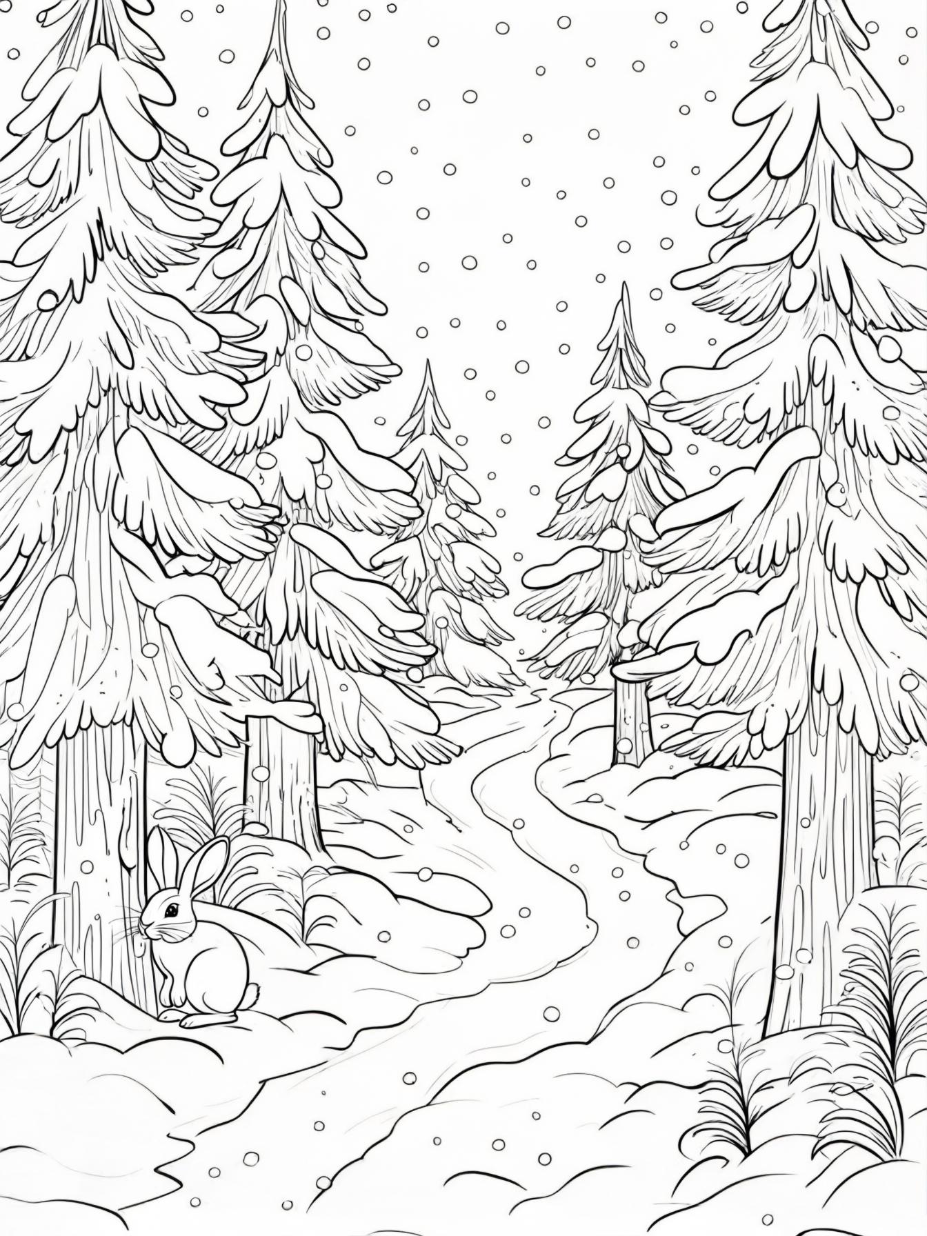 Snowy Forest Path: A peaceful path winding through a forest of snow-covered pine trees. Snowflakes are gently falling, and a tiny rabbit is peeking out from behind a tree trunk.