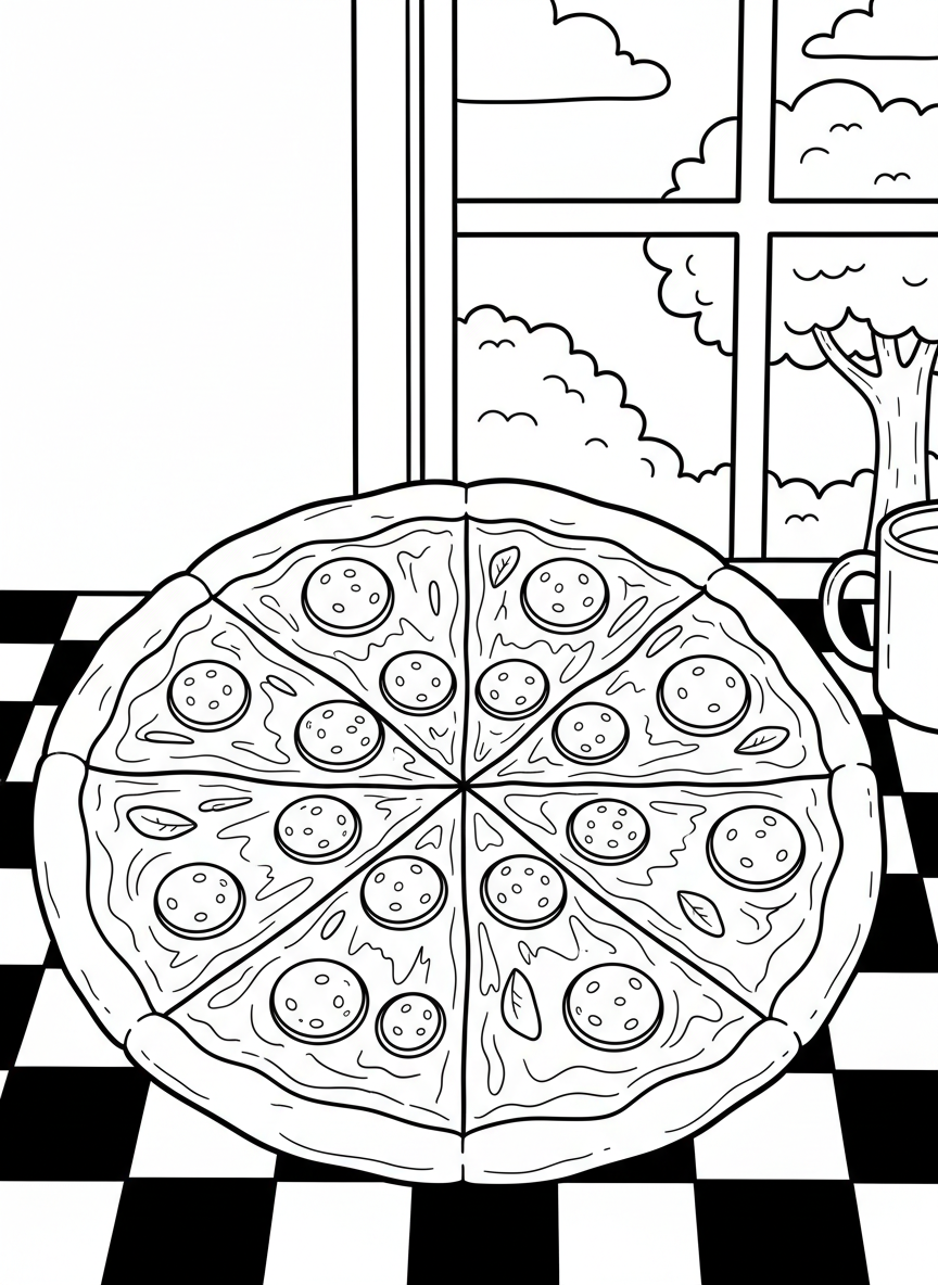 A pizza divided into slices with 100 pepperoni pieces scattered across it for counting practice