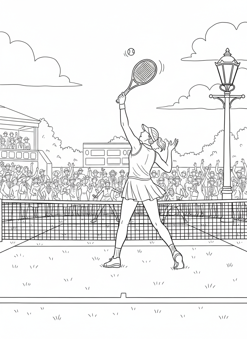 Wimbledon Finals coloring page prompts capturing tradition, grass courts, elegant crowds, and championship tennis drama.	A graceful serve launched across the net, the ball skimming low over the grass as the rally begins.
