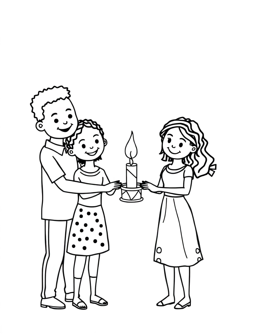 kwanzaa Happy Family: A stylized, simple outline of a family holding hands in a circle around a glowing candle.