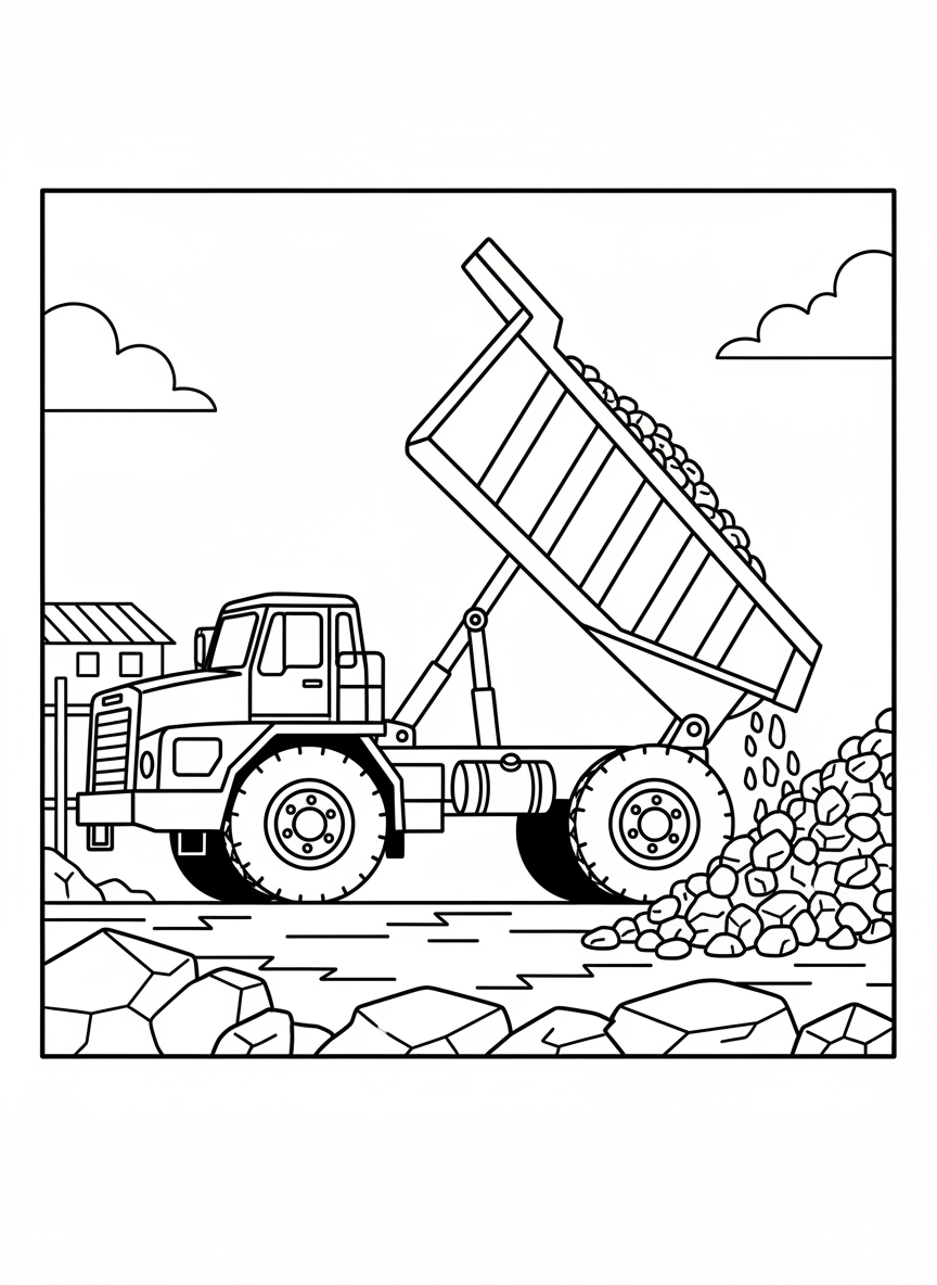 A dump truck unloading gravel, tilted bed raised high, simple side view with large tires and cab details.