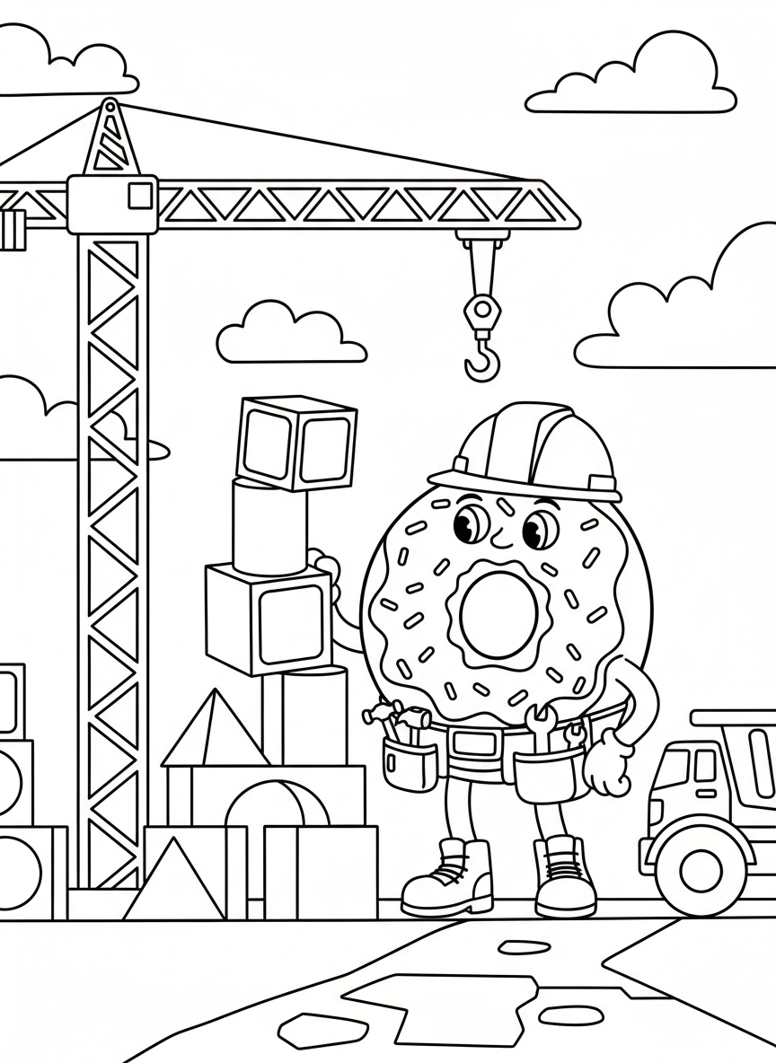 A donut construction worker building with toy blocks, wearing a hard hat and tool belt, crane in background