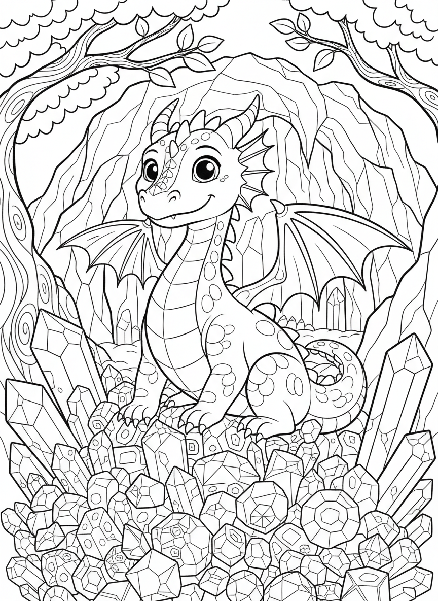 A dragon sitting protectively on a pile of various crystals and gemstones, with friendly features and detailed scales.