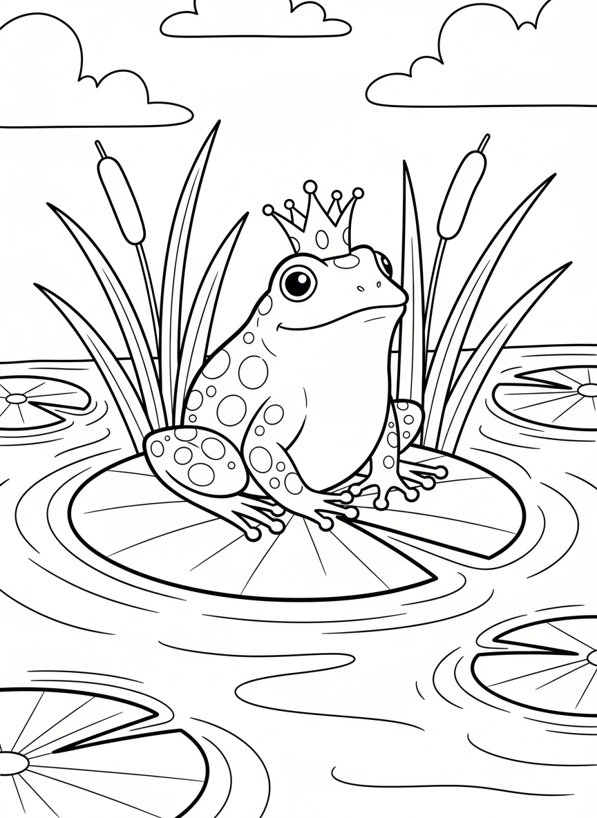 A frog prince wearing a tiny crown sitting on a lily pad in a pond with cattails, easy coloring page