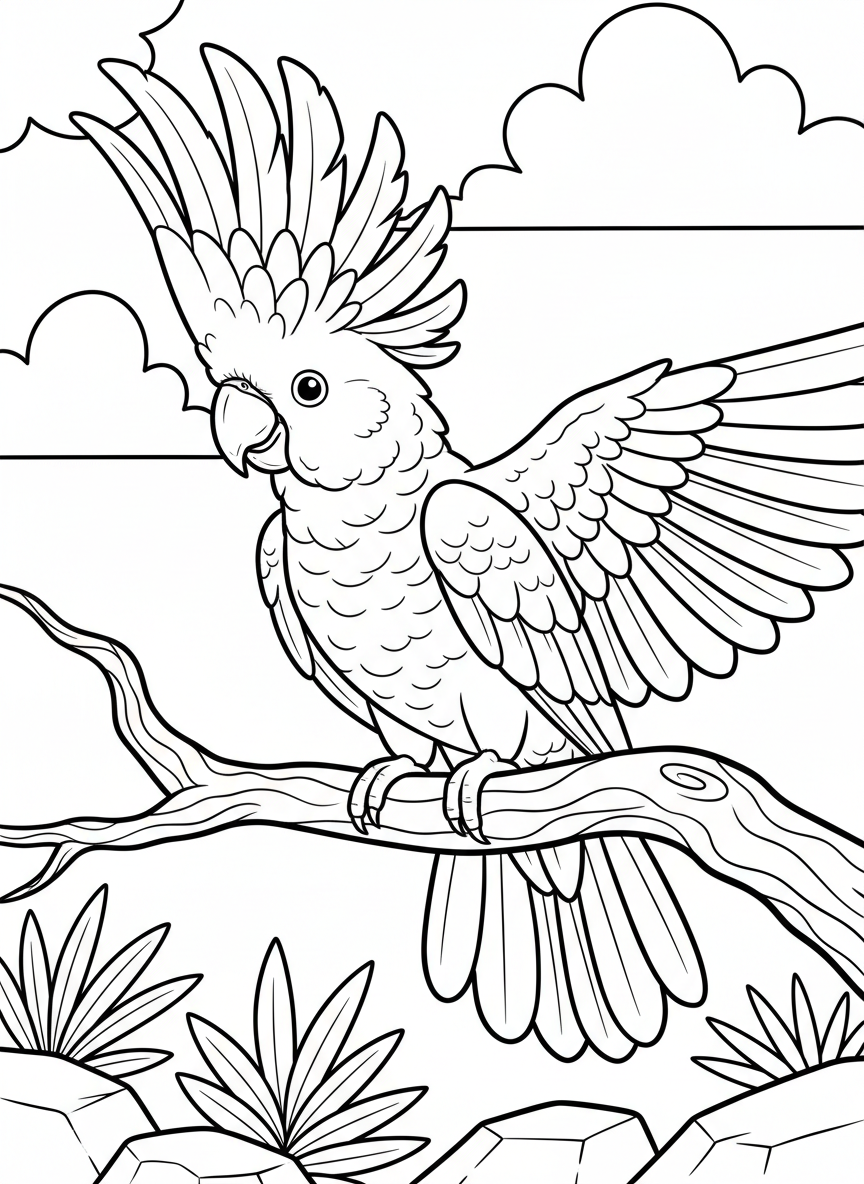 A cockatoo with a large crest perched on a branch, wings slightly spread, detailed feather lines for coloring.