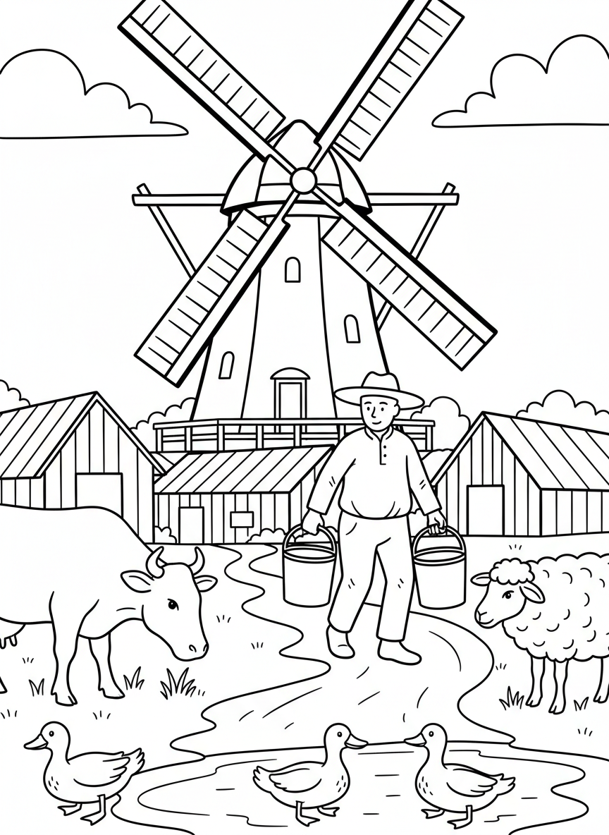 A working windmill with a farmer carrying buckets nearby, showing rural Dutch life with simple barn animals around.