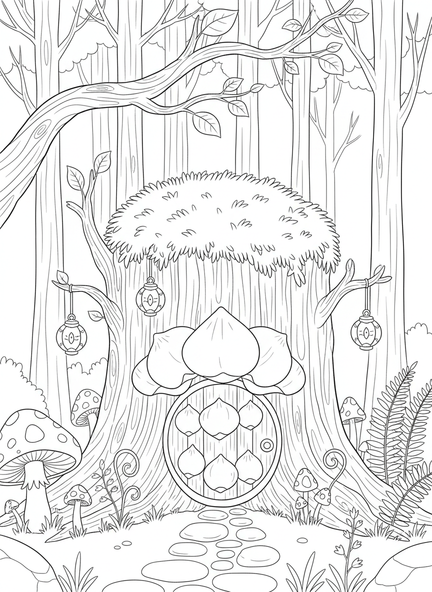 A cozy fairy home carved into a tree stump with a rose petal door, moss-covered roof, and tiny lanterns hanging outside.
