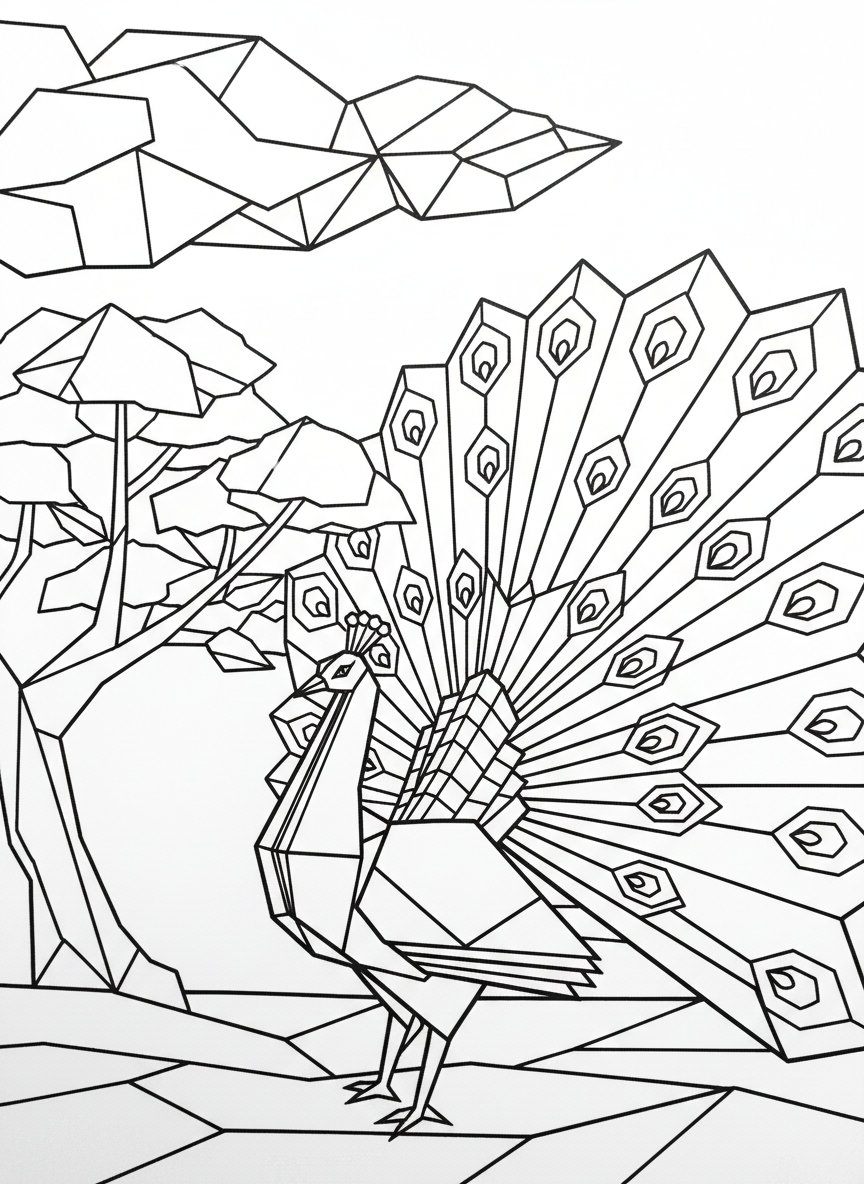 A close-up view of an origami peacock with elaborate fan-shaped tail displaying geometric patterns and multiple fold details.