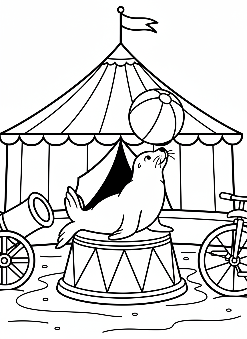 A seal balancing a beach ball on its nose while sitting on a circus pedestal, with simple curved lines.