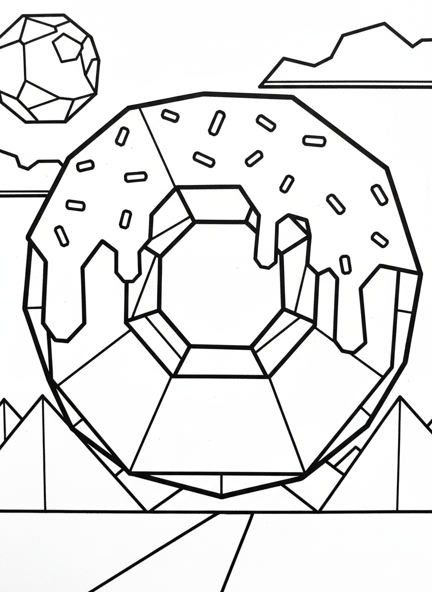 An origami-style donut with geometric fold patterns, featuring angular icing drips and triangular sprinkles scattered across the top surface.