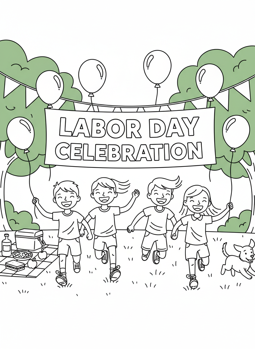 Three-legged race with kids tied together running and laughing at a Labor Day park celebration with balloons and banners.