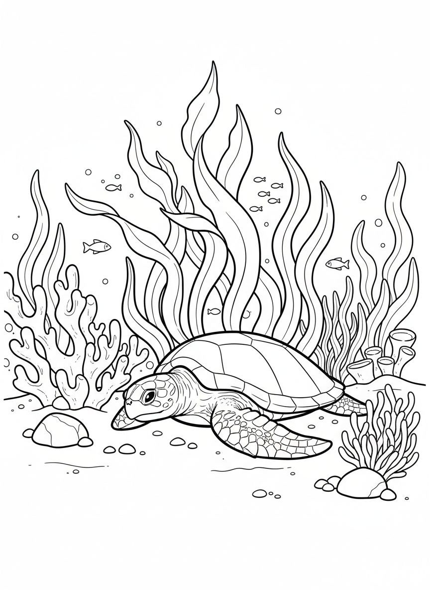 A peaceful underwater garden with tall kelp, soft corals, and a sea turtle resting on the ocean floor