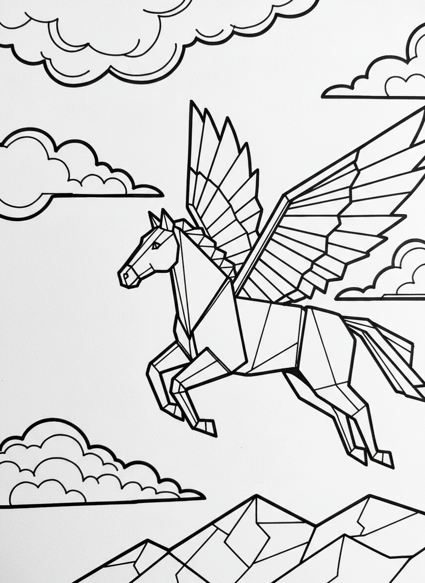 An origami pegasus mid-flight with geometric folded wings extended, fluffy paper-fold clouds surrounding it, line art style