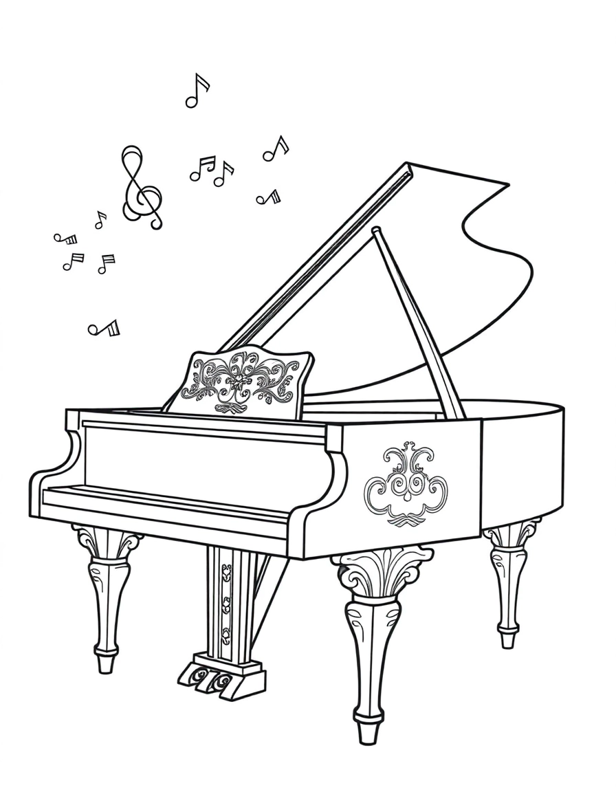 A majestic grand piano with its lid open, and a stream of cheerful musical notes like quarter notes and eighth notes floating out from it. A simple black and white vector illustration with bold, clean outlines.