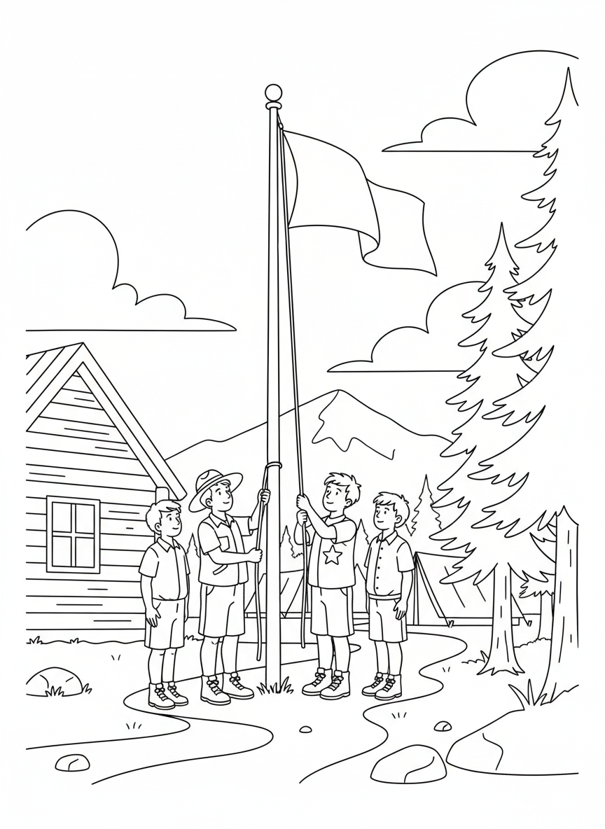 A camp flag ceremony with kids raising a flag on a pole while others stand at attention.