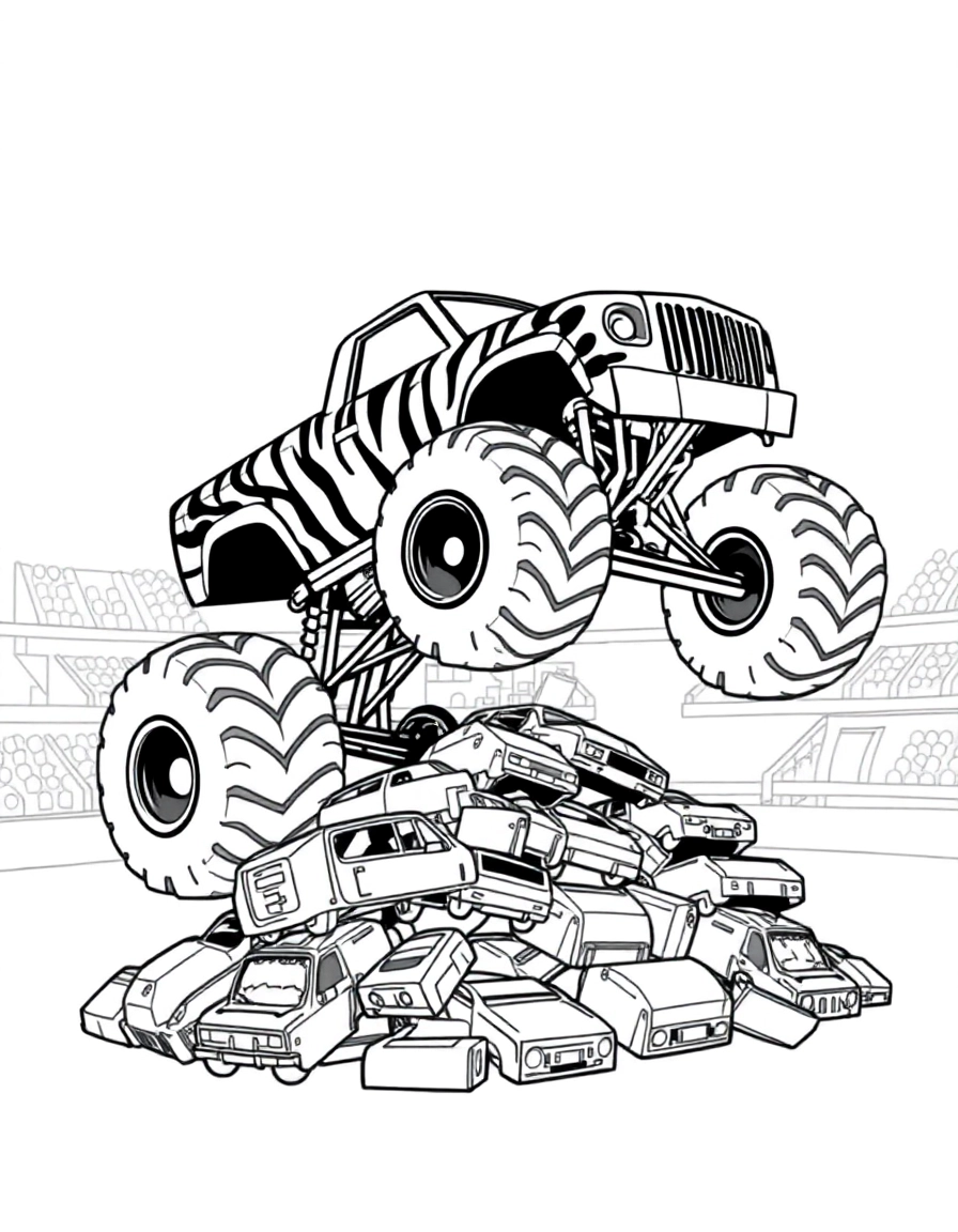 A monster truck painted like a tiger with stripes, leaping over a car pile in a stadium setting