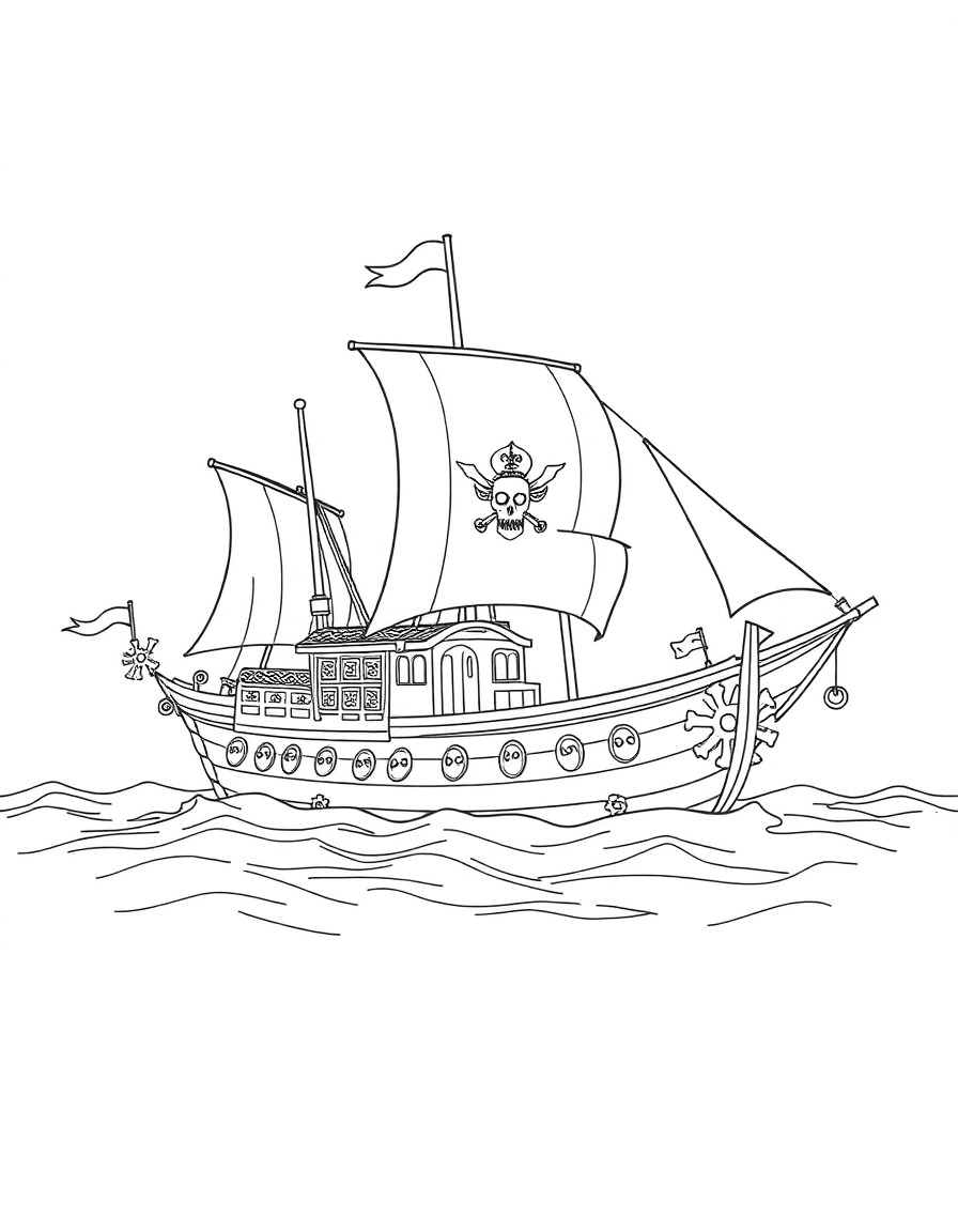 A large pirate ship sailing on the ocean.