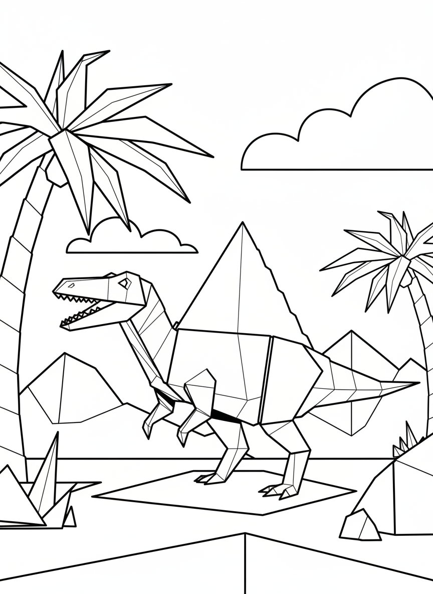 An origami Spinosaurus with a tall triangular sail on its back, standing near geometric origami palm trees, all in line art style.
