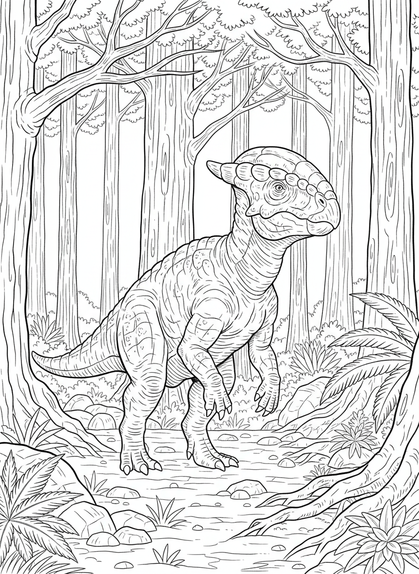 A Pachycephalosaurus with a thick domed head, standing upright with textured skin and a forest background.