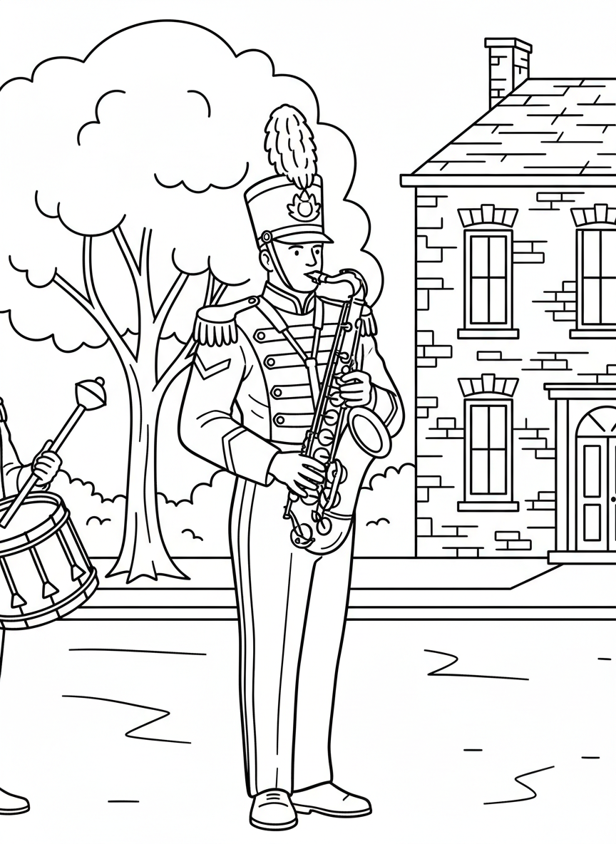 A saxophone player in full marching band regalia, standing at attention with the instrument ready to play.