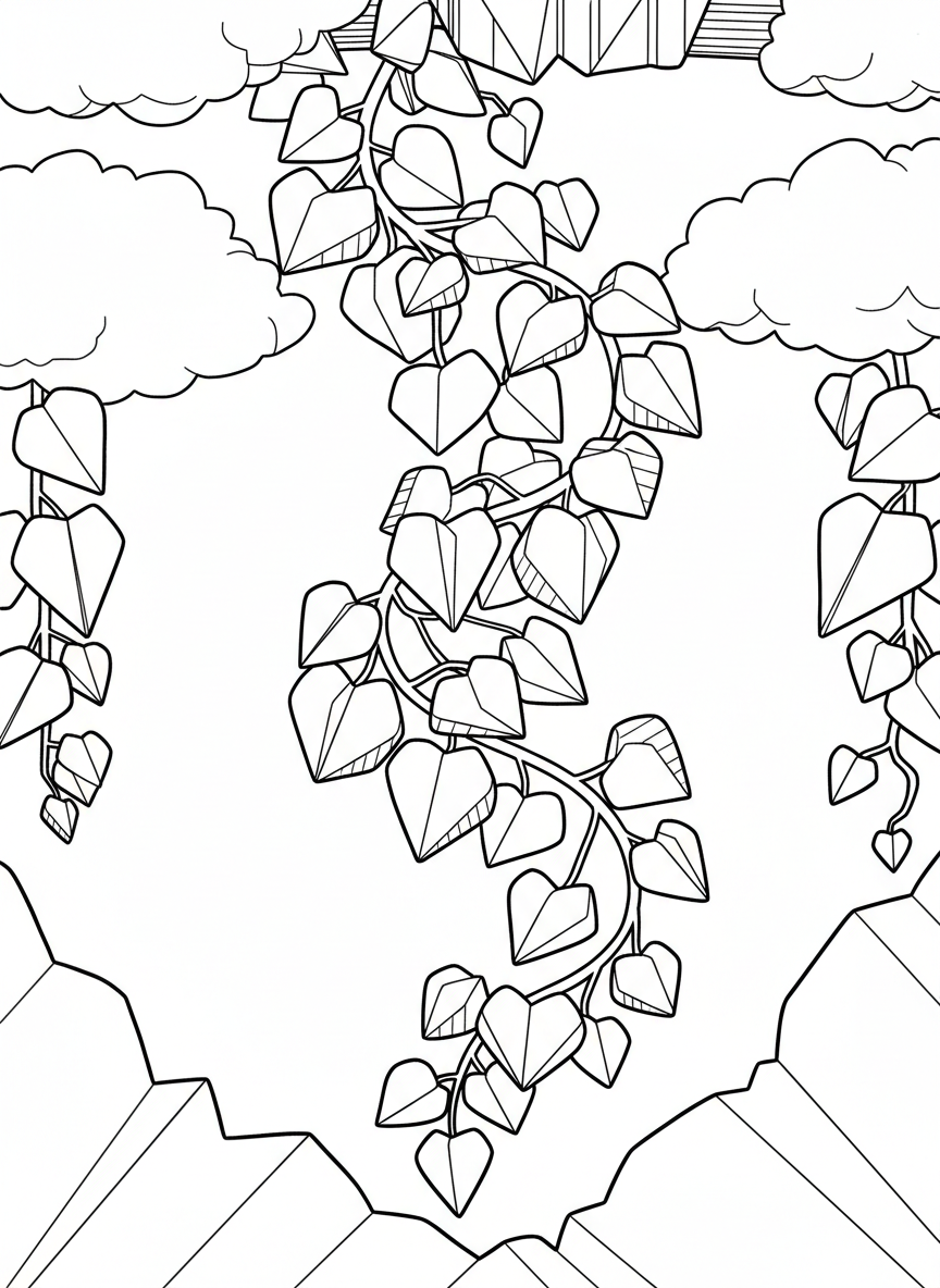 A hanging origami vine with heart-shaped leaves cascading downward in a flowing pattern, showing paper fold lines throughout.
