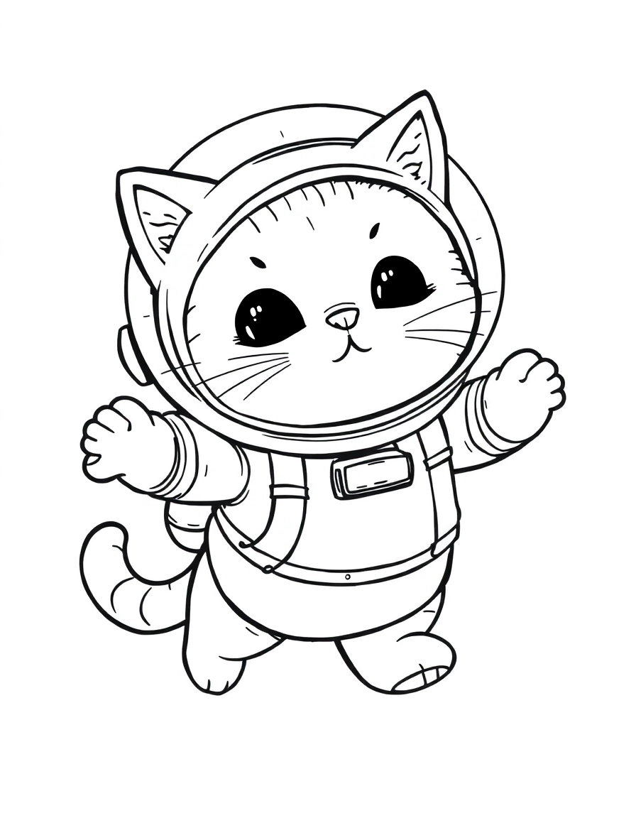 A chubby cat dressed as an astronaut, floating with a fishbowl helmet in space.