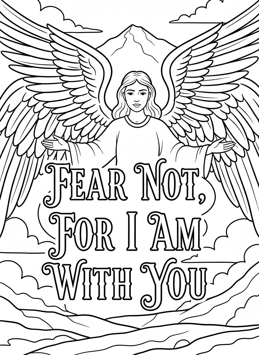 Angels with outstretched wings surrounding the words 'Fear not, for I am with you' in bold, comforting letters with decorative flourishes.