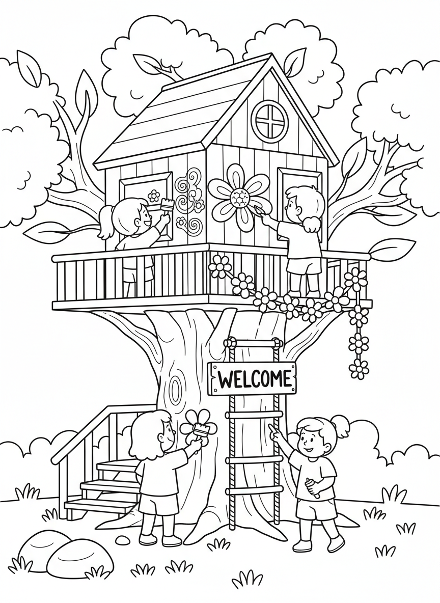 Children painting and decorating their finished treehouse with colorful designs, flowers, and a welcome sign.