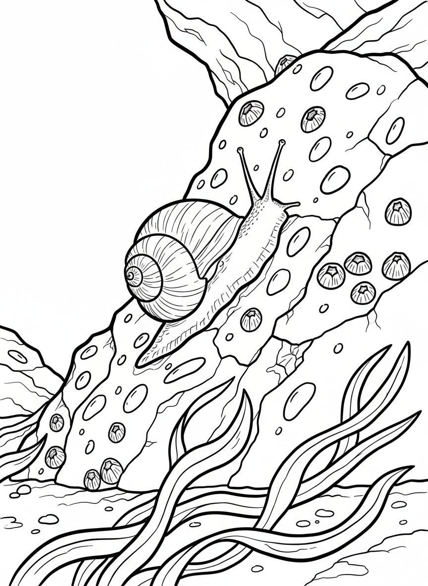 A periwinkle snail climbing up a wet rock with water droplets, barnacles dotting the stone surface, and seaweed at the base