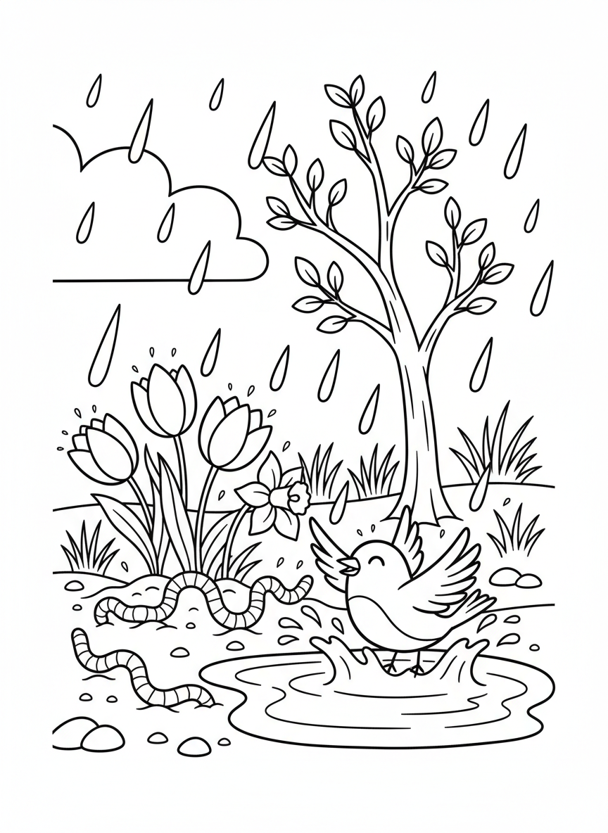 Spring rain shower with flowers opening up, earthworms emerging, and a bird splashing in a puddle, showing how rain helps nature.